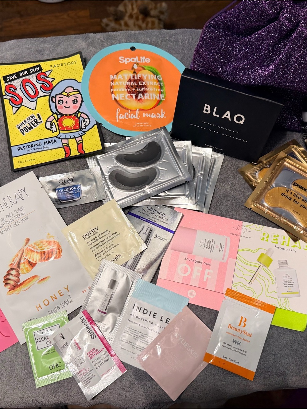Skincare Face masks, eye masks, samples and purple sparkle bag included.